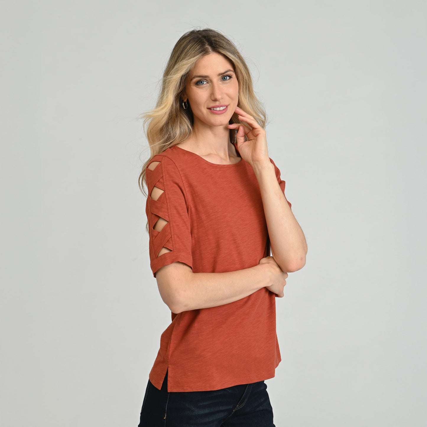 Christopher & Banks Lattice Sleeve Jewel Neck Top
