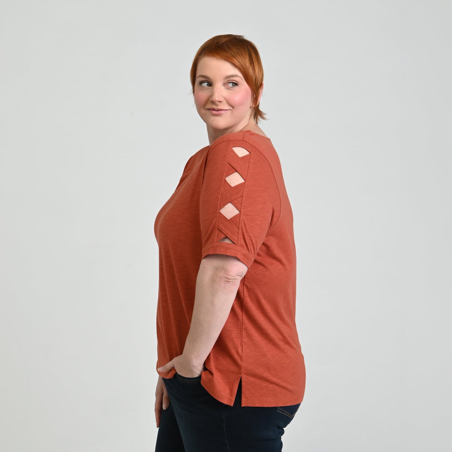 Christopher & Banks Lattice Sleeve Jewel Neck Top