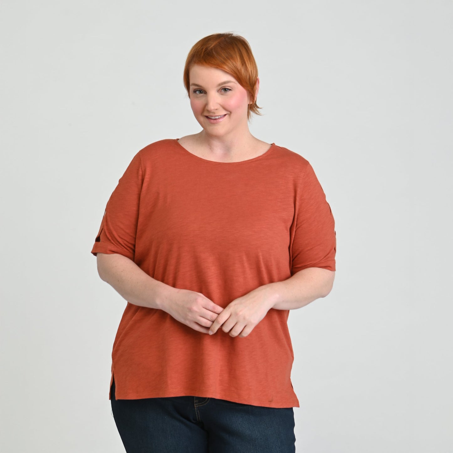 Christopher & Banks Lattice Sleeve Jewel Neck Top