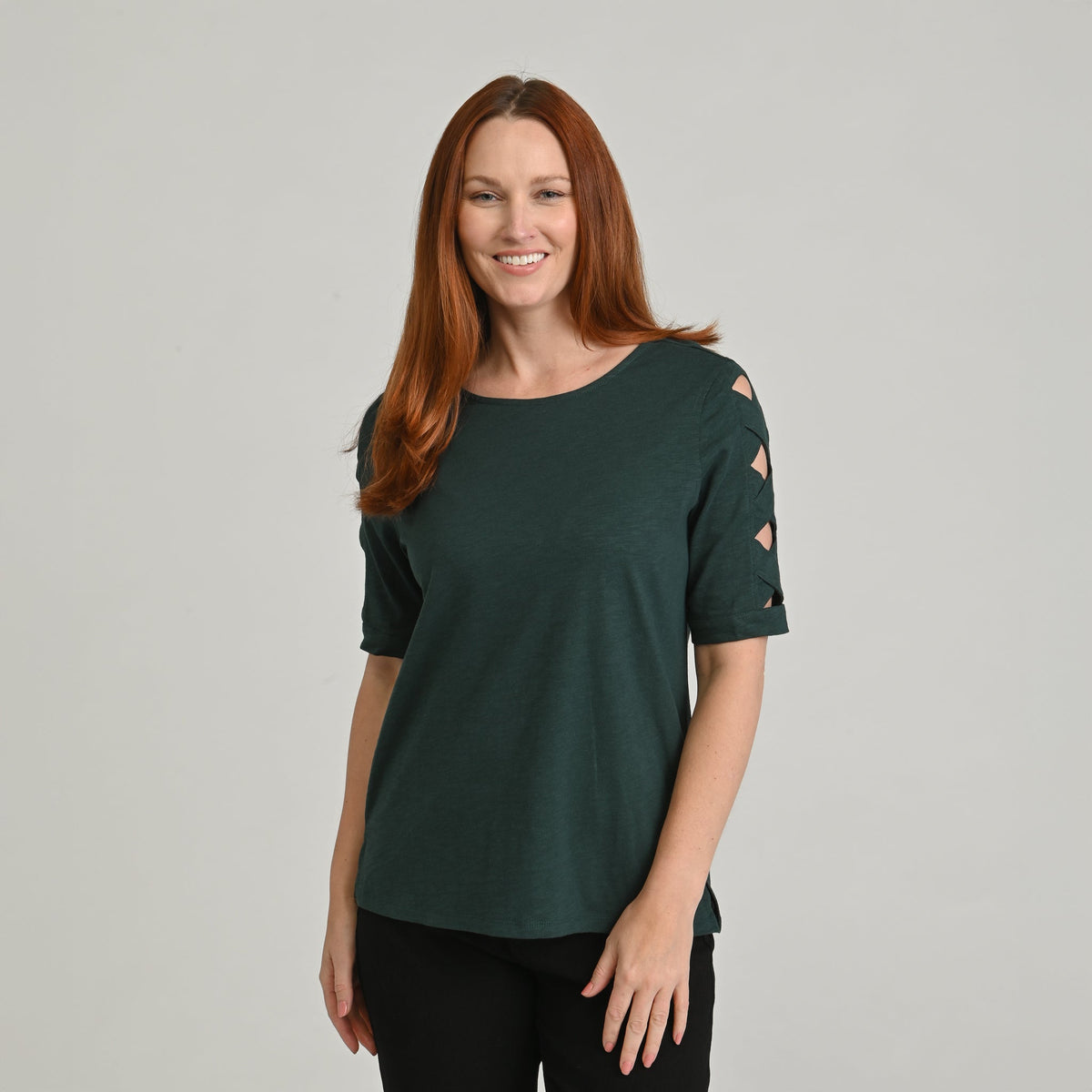 Christopher & Banks Lattice Sleeve Jewel Neck Top