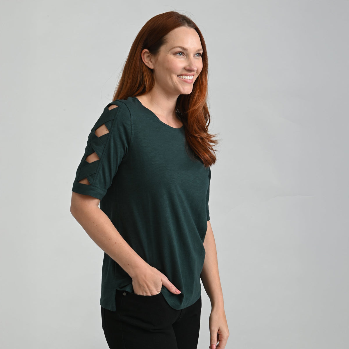 Christopher & Banks Lattice Sleeve Jewel Neck Top