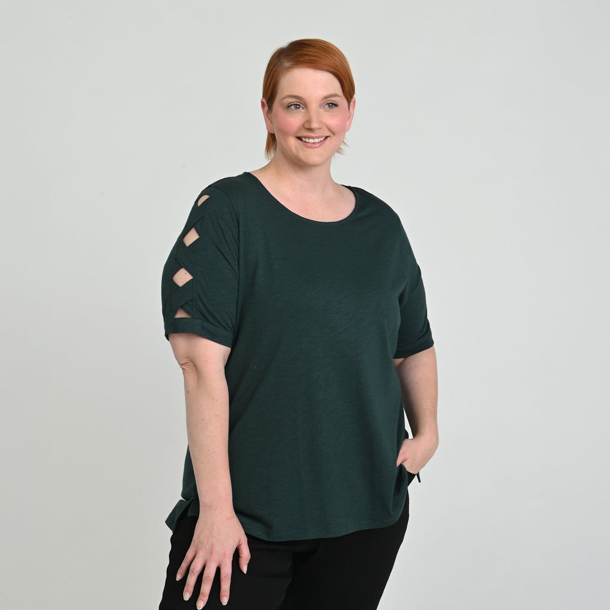 Christopher & Banks Lattice Sleeve Jewel Neck Top