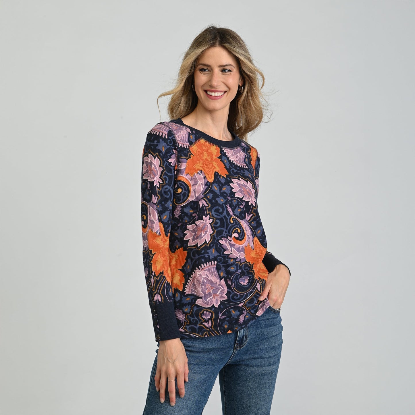 Christopher & Banks Printed Button Cuff Thermal Tee
