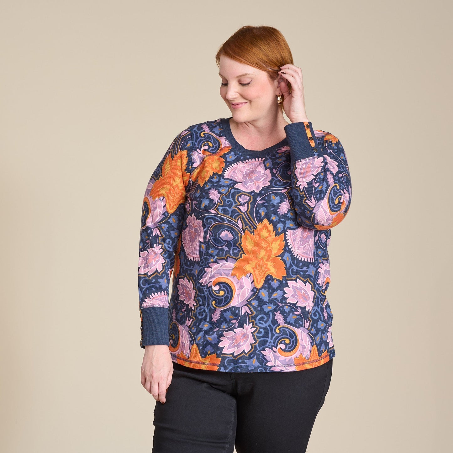 Christopher & Banks Printed Button Cuff Thermal Tee