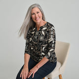 Christopher & Banks Patchwork Print Notch Neck 3/4 Sleeve Tee