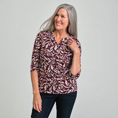 Christopher & Banks Leaf Print Notch Neck 3/4 Sleeve Tee