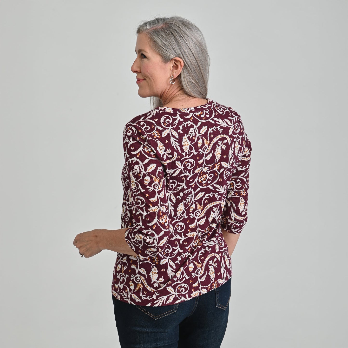 Christopher & Banks Leaf Print Notch Neck 3/4 Sleeve Tee