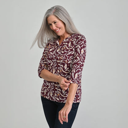 Christopher & Banks Leaf Print Notch Neck 3/4 Sleeve Tee