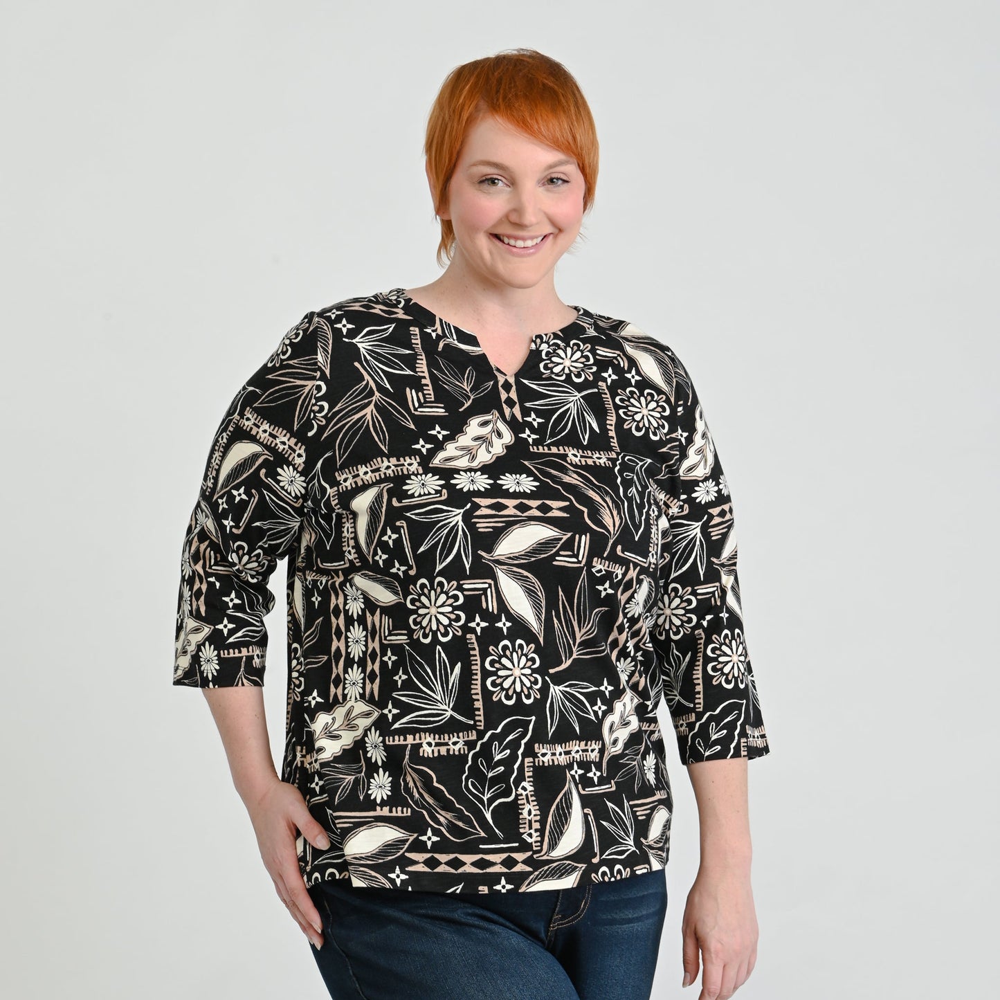 Christopher & Banks Patchwork Print Notch Neck 3/4 Sleeve Tee