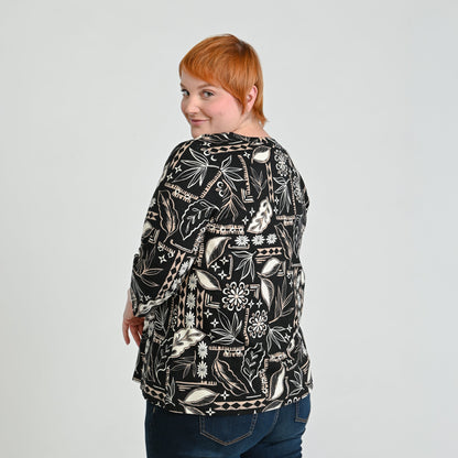 Christopher & Banks Patchwork Print Notch Neck 3/4 Sleeve Tee