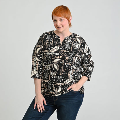 Christopher & Banks Patchwork Print Notch Neck 3/4 Sleeve Tee