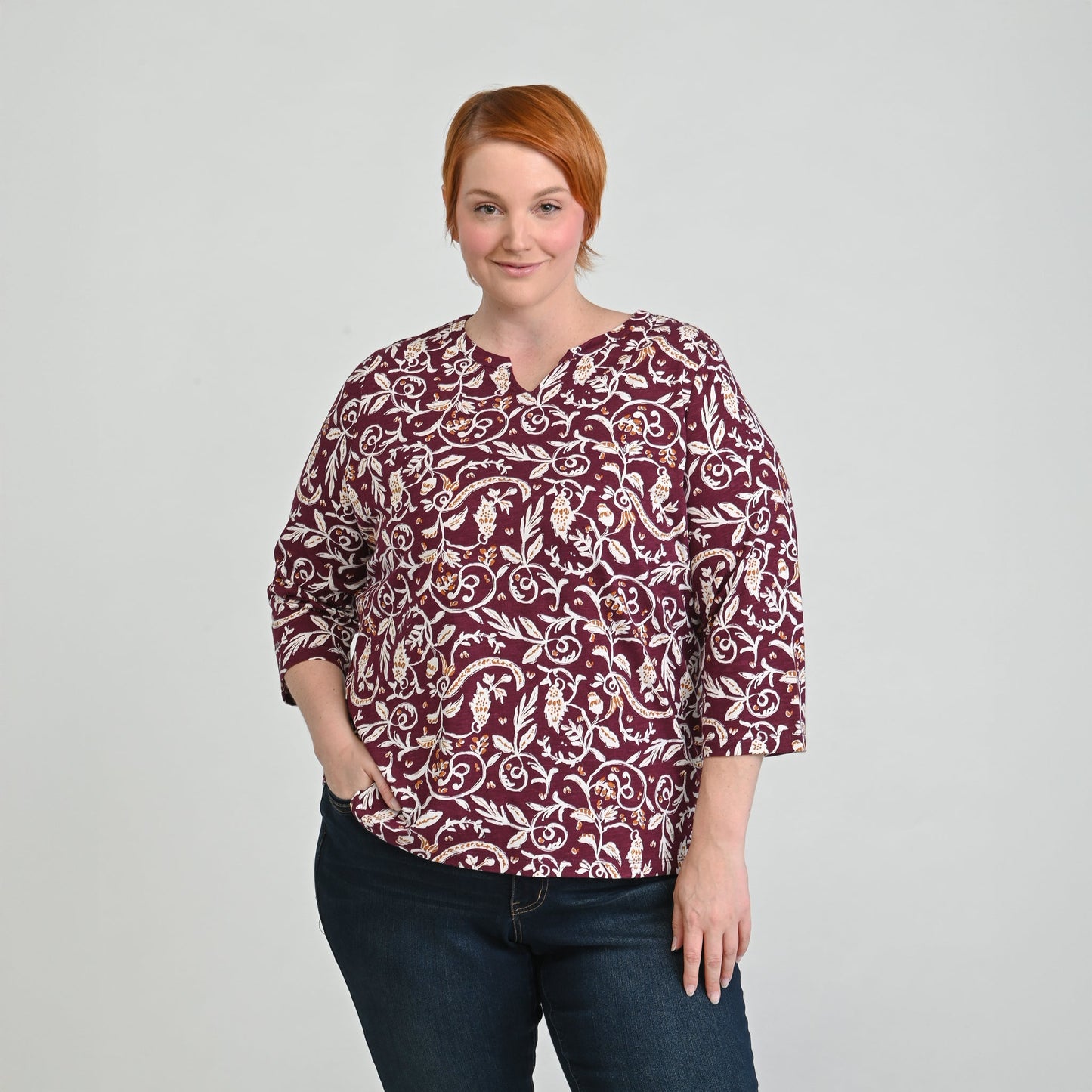 Christopher & Banks Leaf Print Notch Neck 3/4 Sleeve Tee