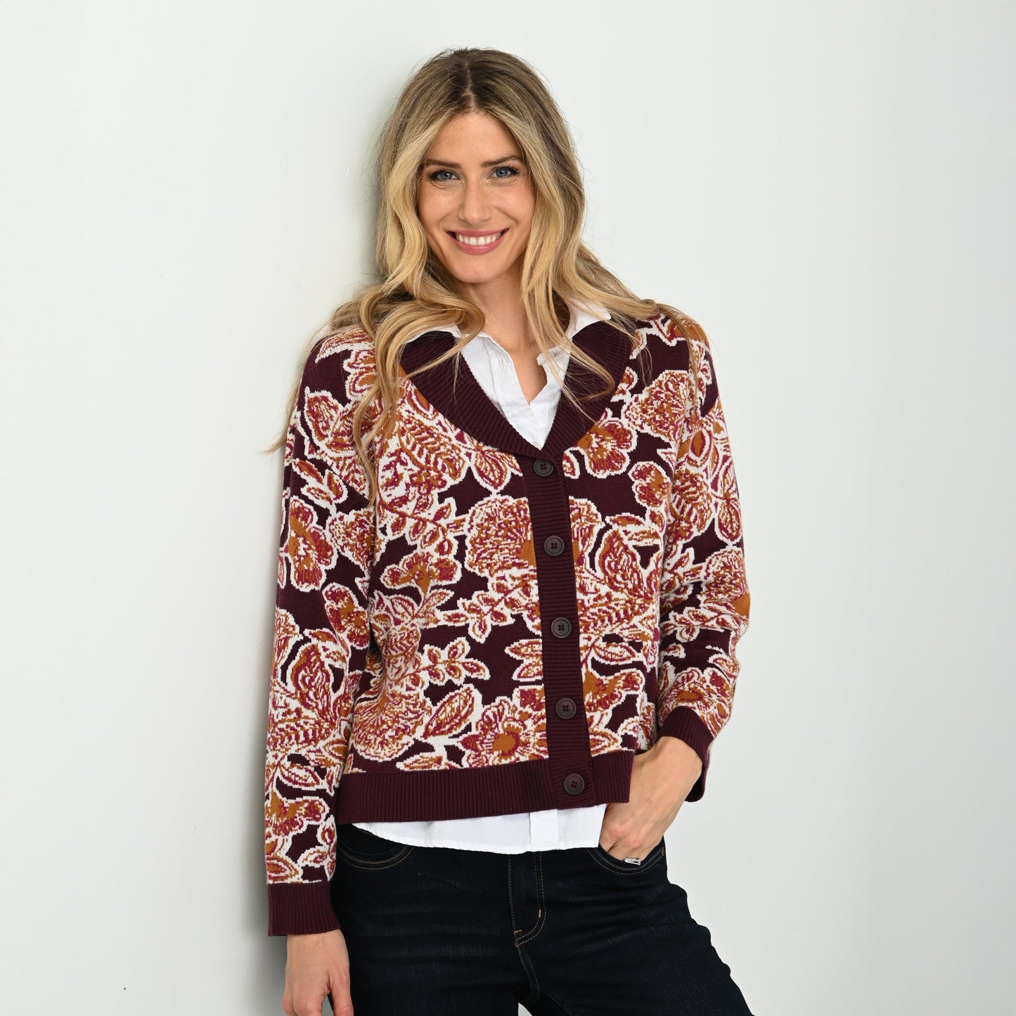 Christopher & Banks Floral Shawl Collar Cardigan