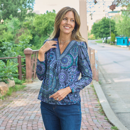 Christopher & Banks Printed Braid Trim V Neck Top