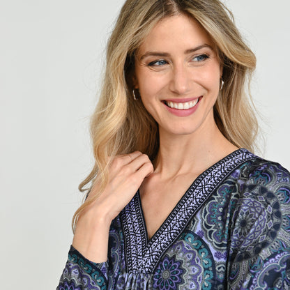 Christopher & Banks Printed Braid Trim V Neck Top