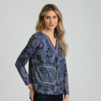 Christopher & Banks Printed Braid Trim V Neck Top