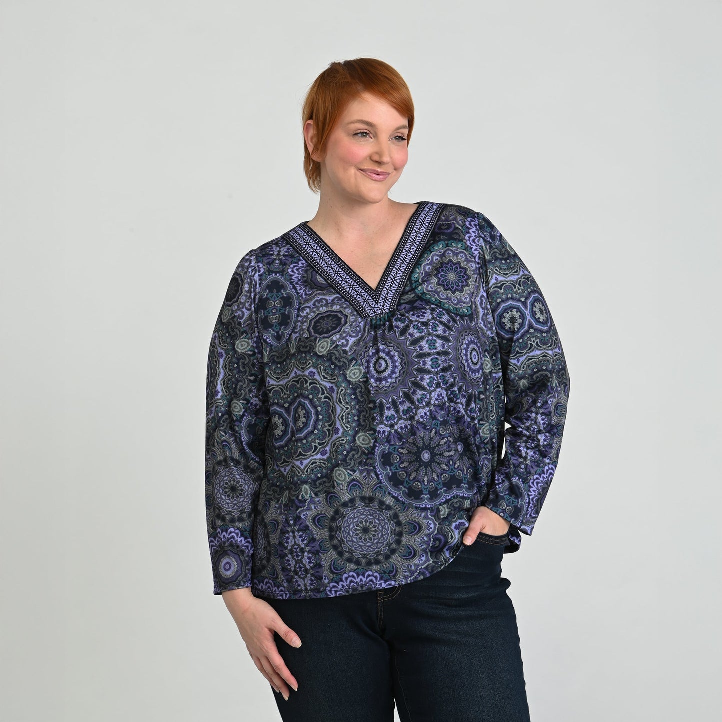 Christopher & Banks Printed Braid Trim V Neck Top