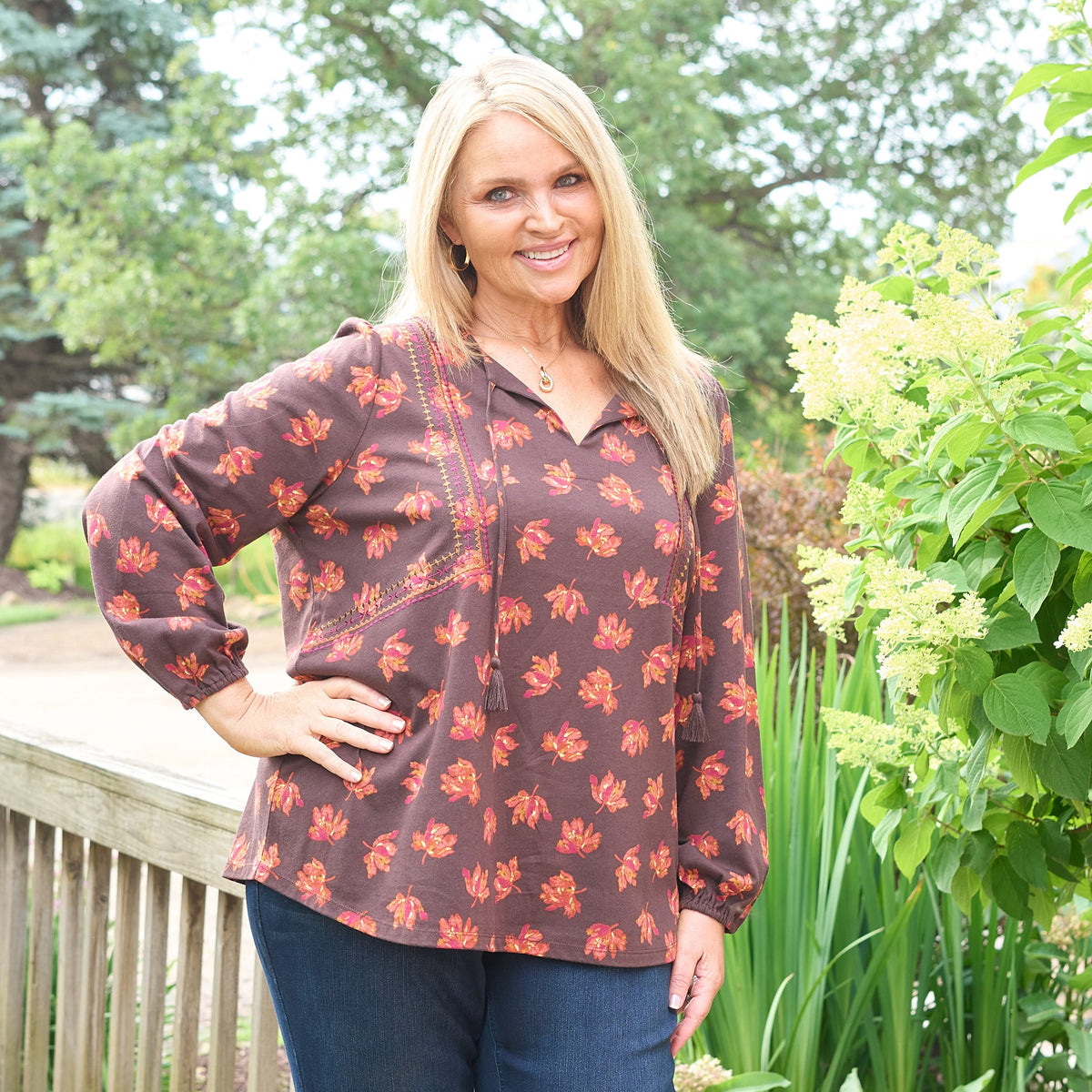 Christopher & Banks Embroidered Tie Neck Peasant Top
