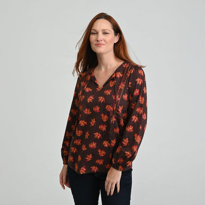 Christopher & Banks Embroidered Tie Neck Peasant Top