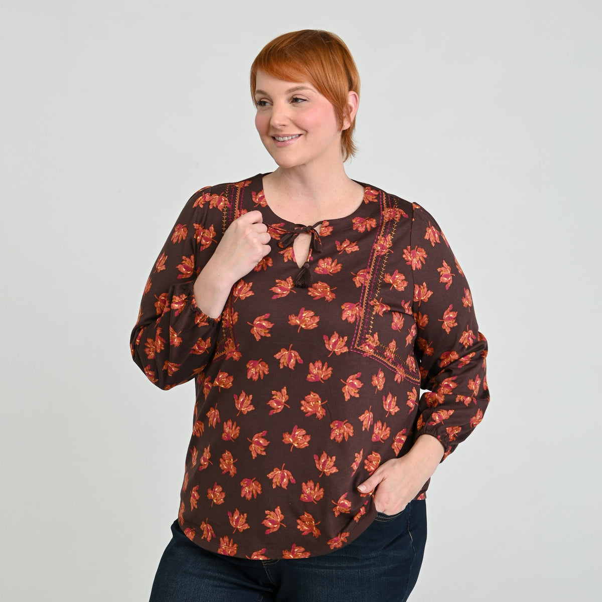 Christopher & Banks Embroidered Tie Neck Peasant Top