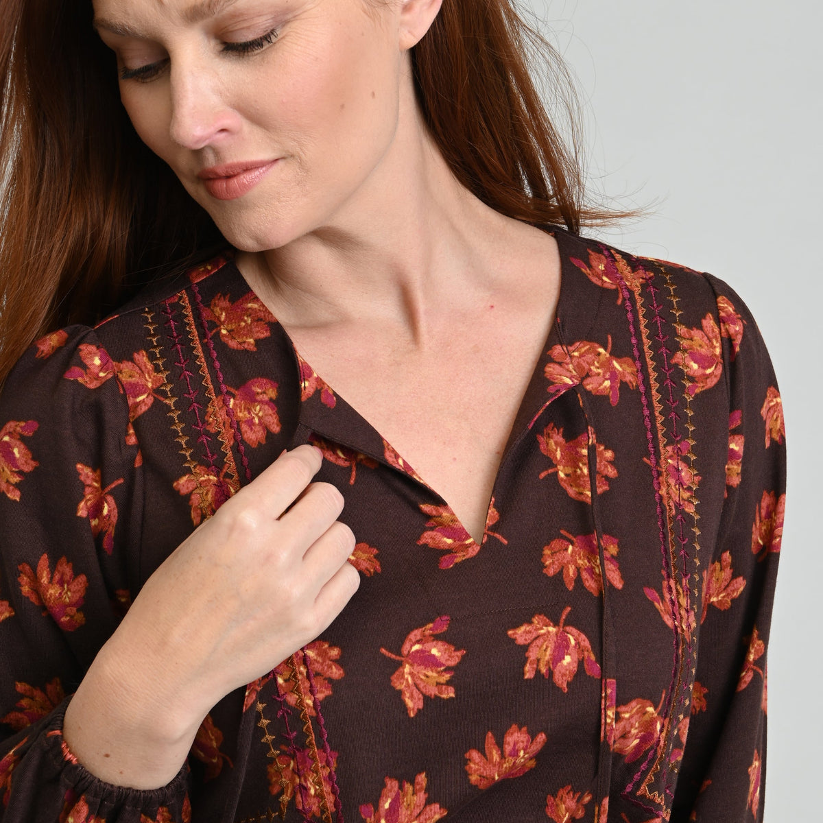 Christopher & Banks Embroidered Tie Neck Peasant Top