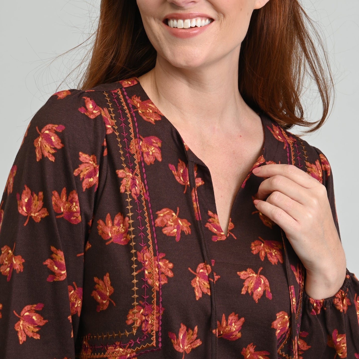 Christopher & Banks Embroidered Tie Neck Peasant Top
