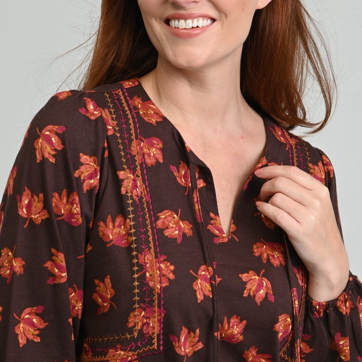 Christopher & Banks Embroidered Tie Neck Peasant Top