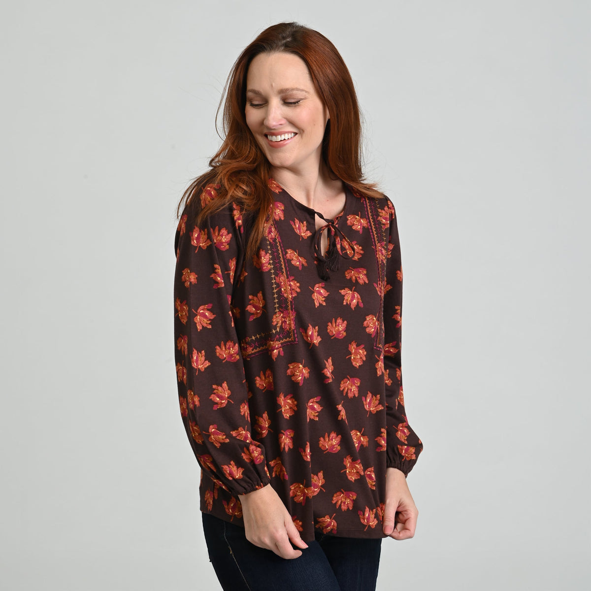 Christopher & Banks Embroidered Tie Neck Peasant Top
