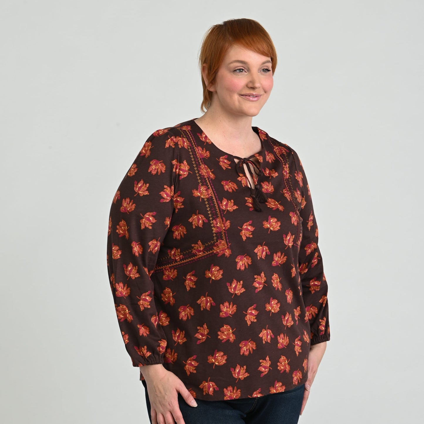 Christopher & Banks Embroidered Tie Neck Peasant Top