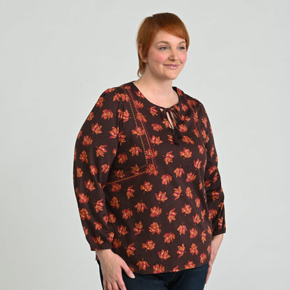 Christopher & Banks Embroidered Tie Neck Peasant Top