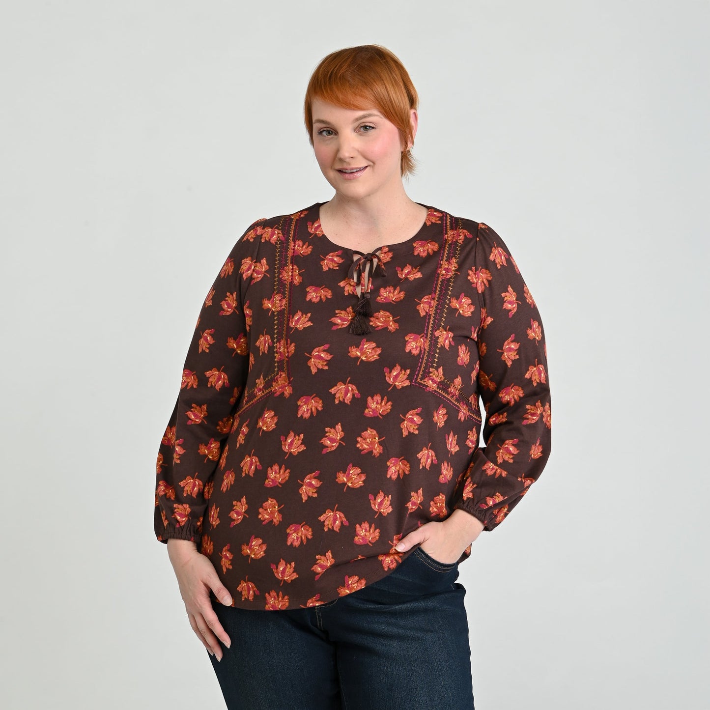 Christopher & Banks Embroidered Tie Neck Peasant Top