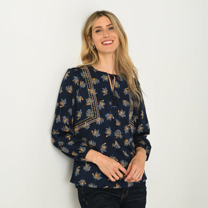 Christopher & Banks Embroidered Tie Neck Peasant Top