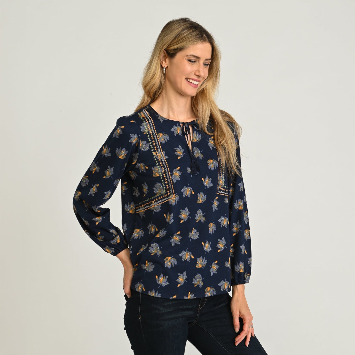 Christopher & Banks Embroidered Tie Neck Peasant Top