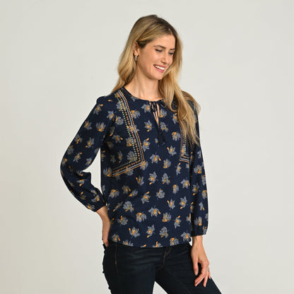 Christopher & Banks Embroidered Tie Neck Peasant Top