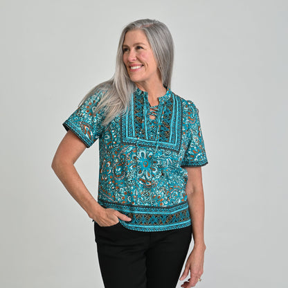 Christopher & Banks Border Print Split Neck Short Sleeve Blouse