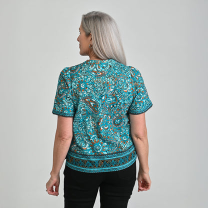 Christopher & Banks Border Print Split Neck Short Sleeve Blouse