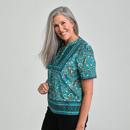 Christopher & Banks Border Print Split Neck Short Sleeve Blouse