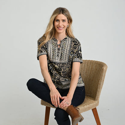 Christopher & Banks Border Print Split Neck Short Sleeve Blouse