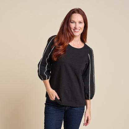 Christopher & Banks Women's Blanket Stitch Trim 3/4 Sleeve  Top