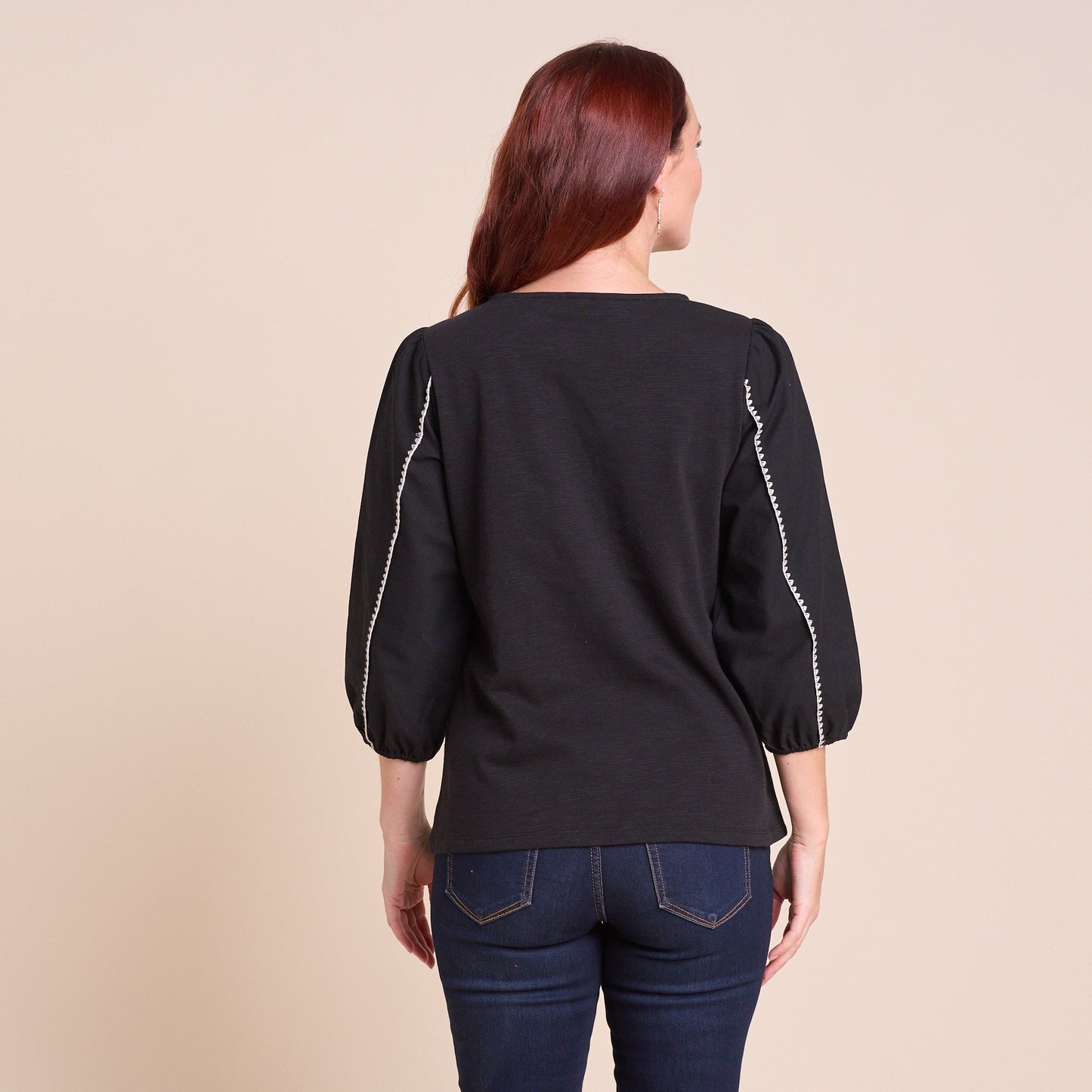 Christopher & Banks Women's Blanket Stitch Trim 3/4 Sleeve  Top