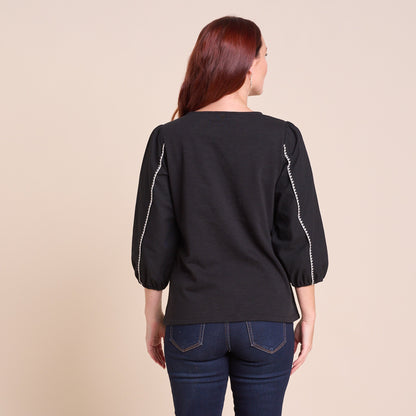 Christopher & Banks Women's Blanket Stitch Trim 3/4 Sleeve  Top