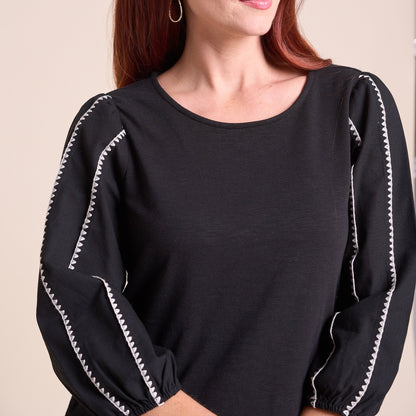 Christopher & Banks Women's Blanket Stitch Trim 3/4 Sleeve  Top