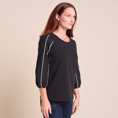 Christopher & Banks Women's Blanket Stitch Trim 3/4 Sleeve  Top