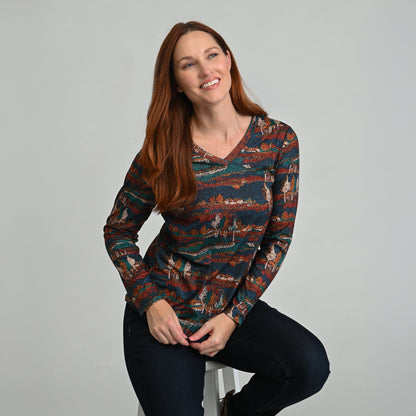 Christopher & Banks Scenic Print V Neck Long Sleeve Tee