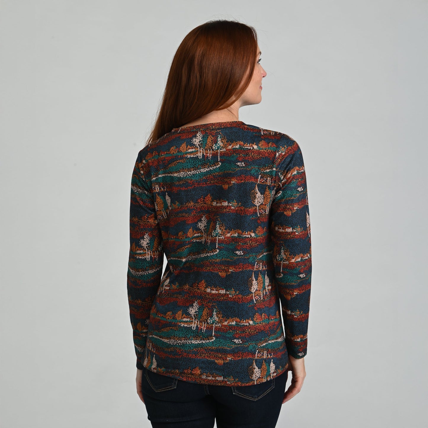 Christopher & Banks Scenic Print V Neck Long Sleeve Tee