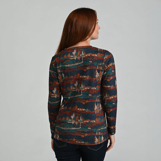 Christopher & Banks Scenic Print V Neck Long Sleeve Tee