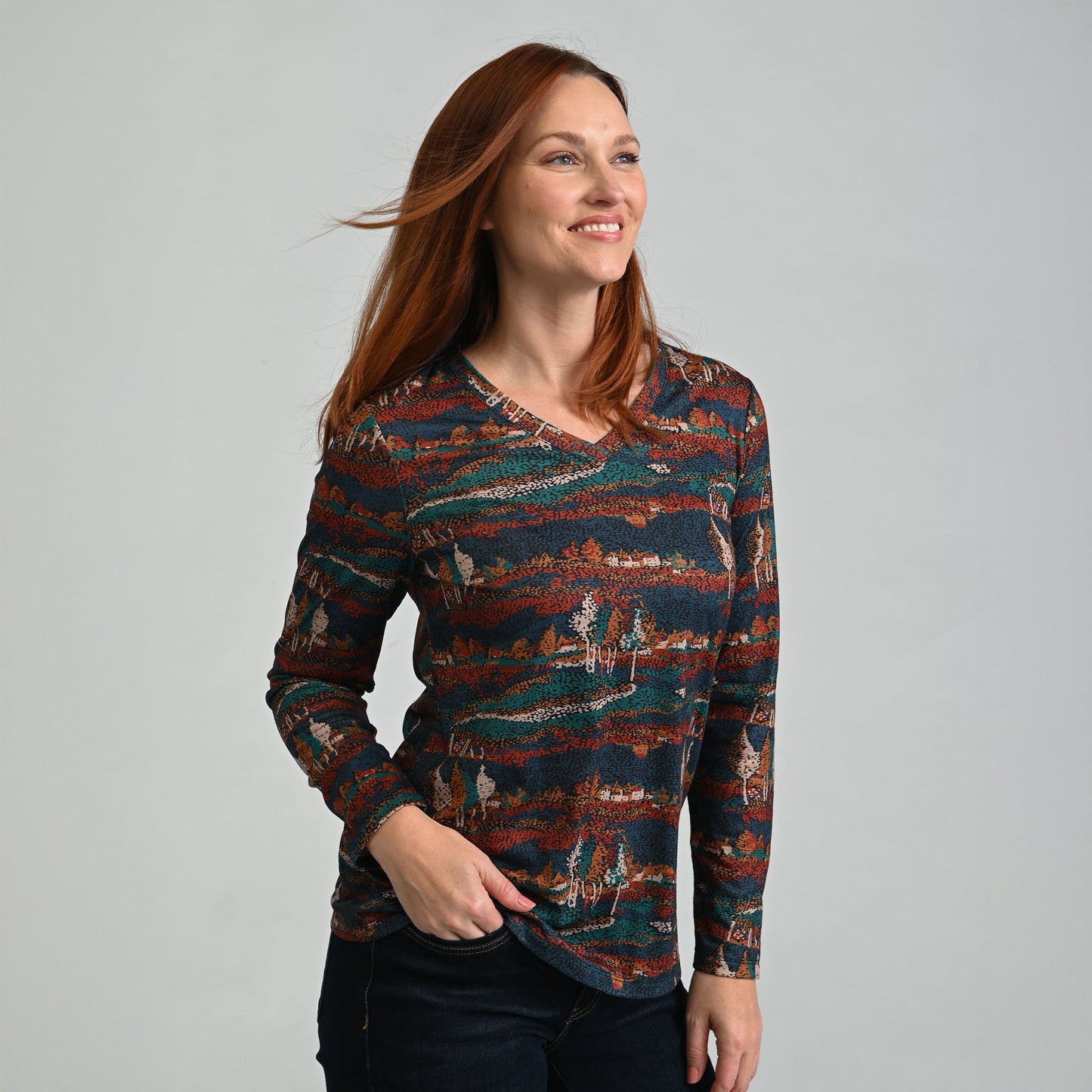 Christopher & Banks Scenic Print V Neck Long Sleeve Tee