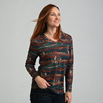 Christopher & Banks Scenic Print V Neck Long Sleeve Tee