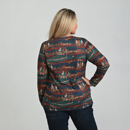Christopher & Banks Scenic Print V Neck Long Sleeve Tee