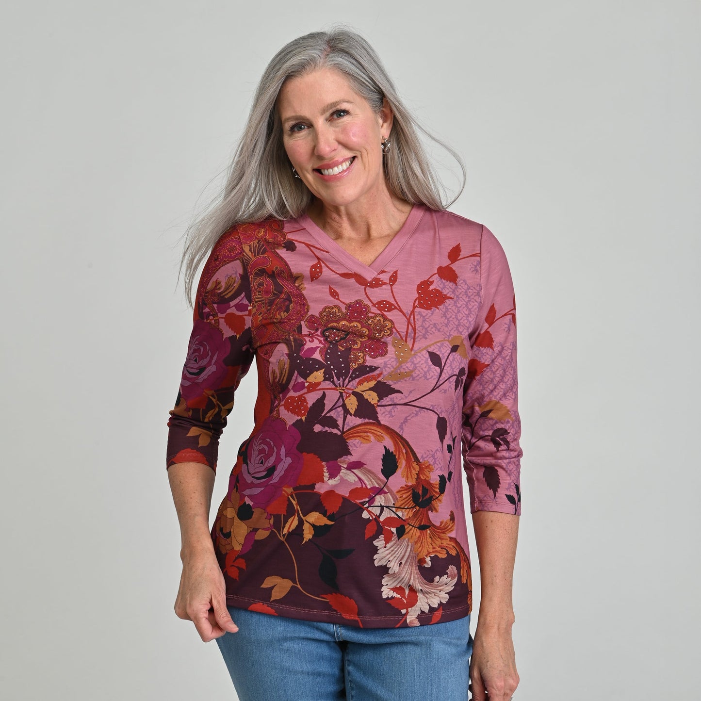 Christopher & Banks Printed 3/4 Sleeve V Neck Top